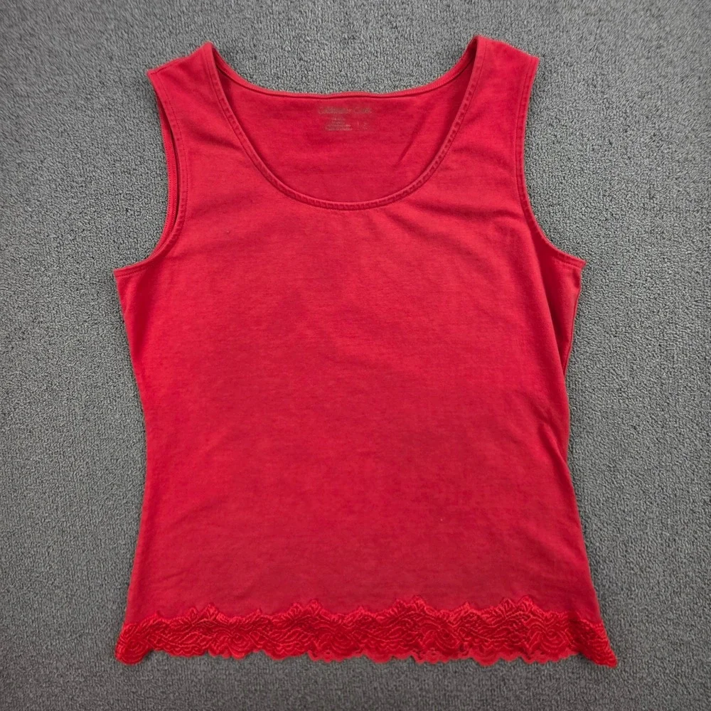 Coldwater Creek Lace Trim‎ Tank Top Women Red Scoop Neck Cotton Blend Stretch S
